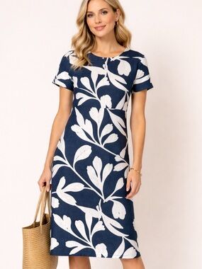 Elle Tabari Linen dress size large Navy White Leaf print short sleeve midi shift